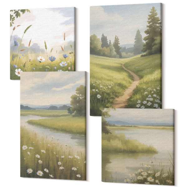 Sada obrazov na stenu kvadryptych Jarná krajina s riekou, cestou a kvetinovou lúkou