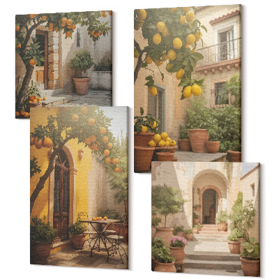 Sada obrazov kvadryptych Slnečná terasa s citrusovými stromami a kvetináčmi
