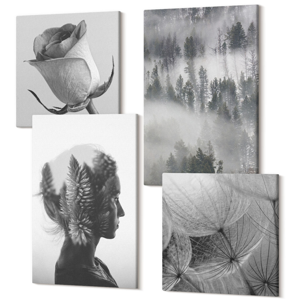 Sada obrazov kvadryptych Melancholický les v hmle portrét ženy rastlín