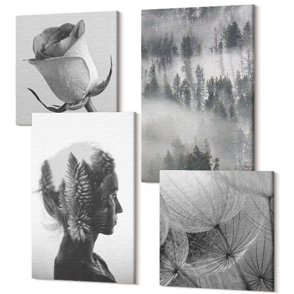 Sada obrazov kvadryptych Melancholický les v hmle portrét ženy rastlín