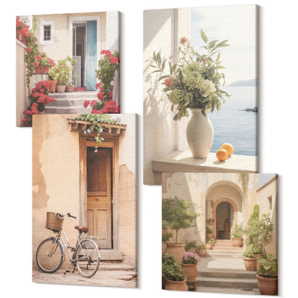Sada 4 obrazov Očarujúce prímorské uličky s kvetmi a bicyklami