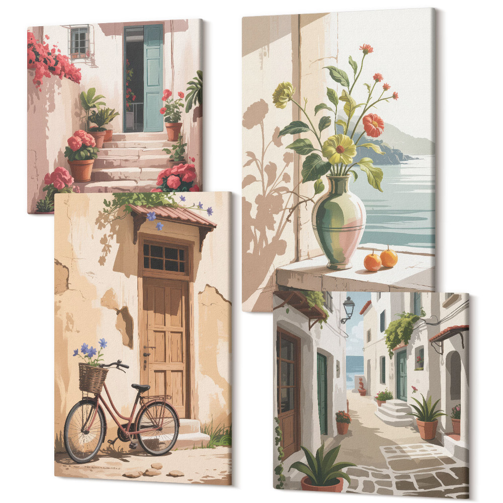 Sada obrazov kvadryptych Pomaľované ulice kvetmi a bicyklom