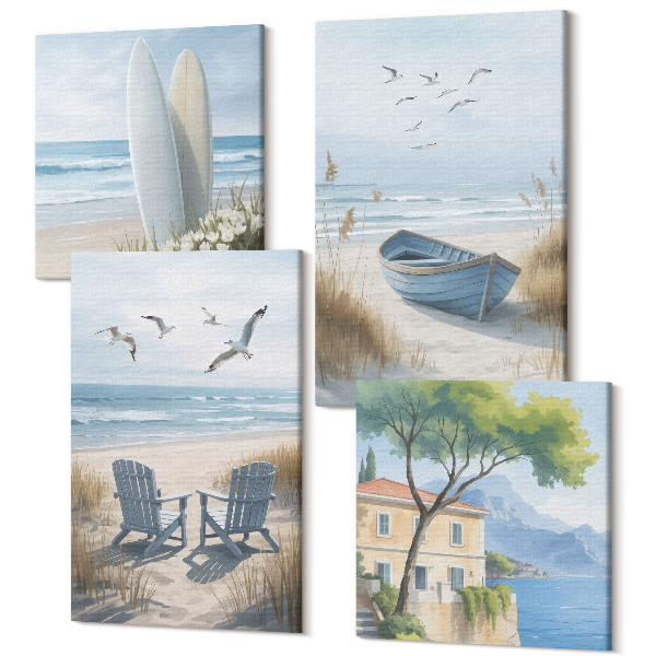 Sada obrazov na stenu kvadryptych Pláž so surfmi, člnmi a vtákmi