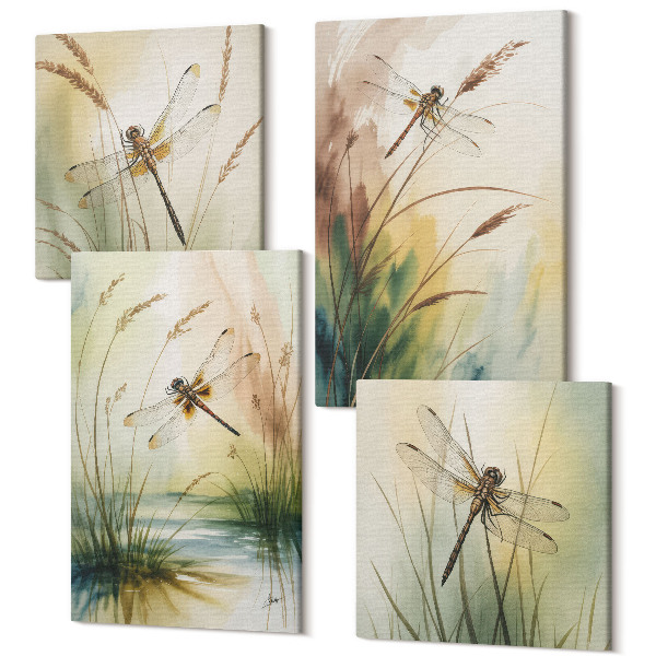 Sada obrazov kvadryptych Vážky medzi trávou pri vode v maliarskom štýle