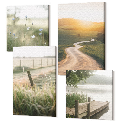 Sada obrazov na stenu kvadryptych Krajina s lúkou, cestou a západom slnka