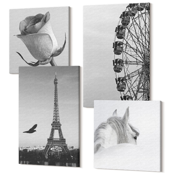 Sada 4 obrazov Rose Eiffel Tower Ruské koleso koňa monochromatické