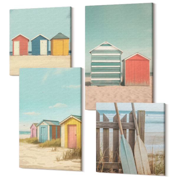 Sada 4 obrazov Farebné plážové domy v letnom slnku