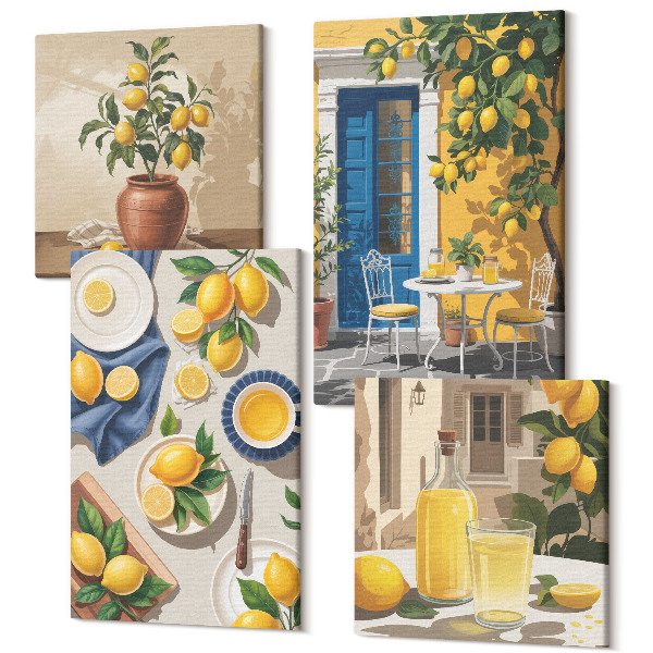 Sada obrazov kvadryptych Citrónová záhrada s citrónmi a nápojmi na stole