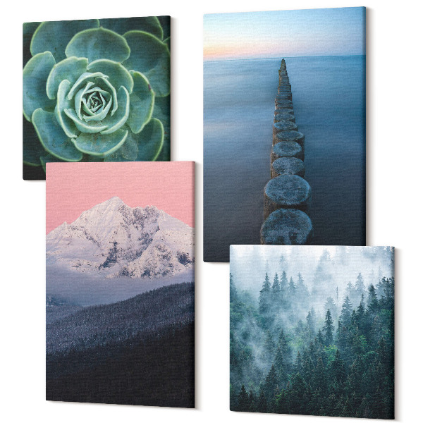 Sada 4 obrazov Hory s ružovou oblohou, vodou a zelenými sukulentmi