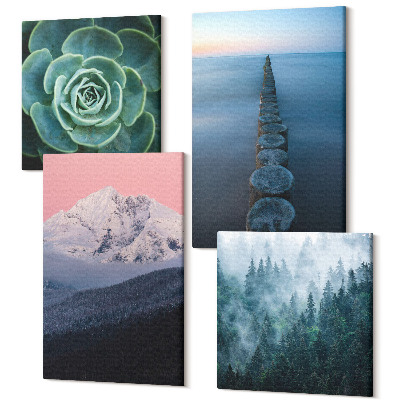 Sada 4 obrazov Hory s ružovou oblohou, vodou a zelenými sukulentmi