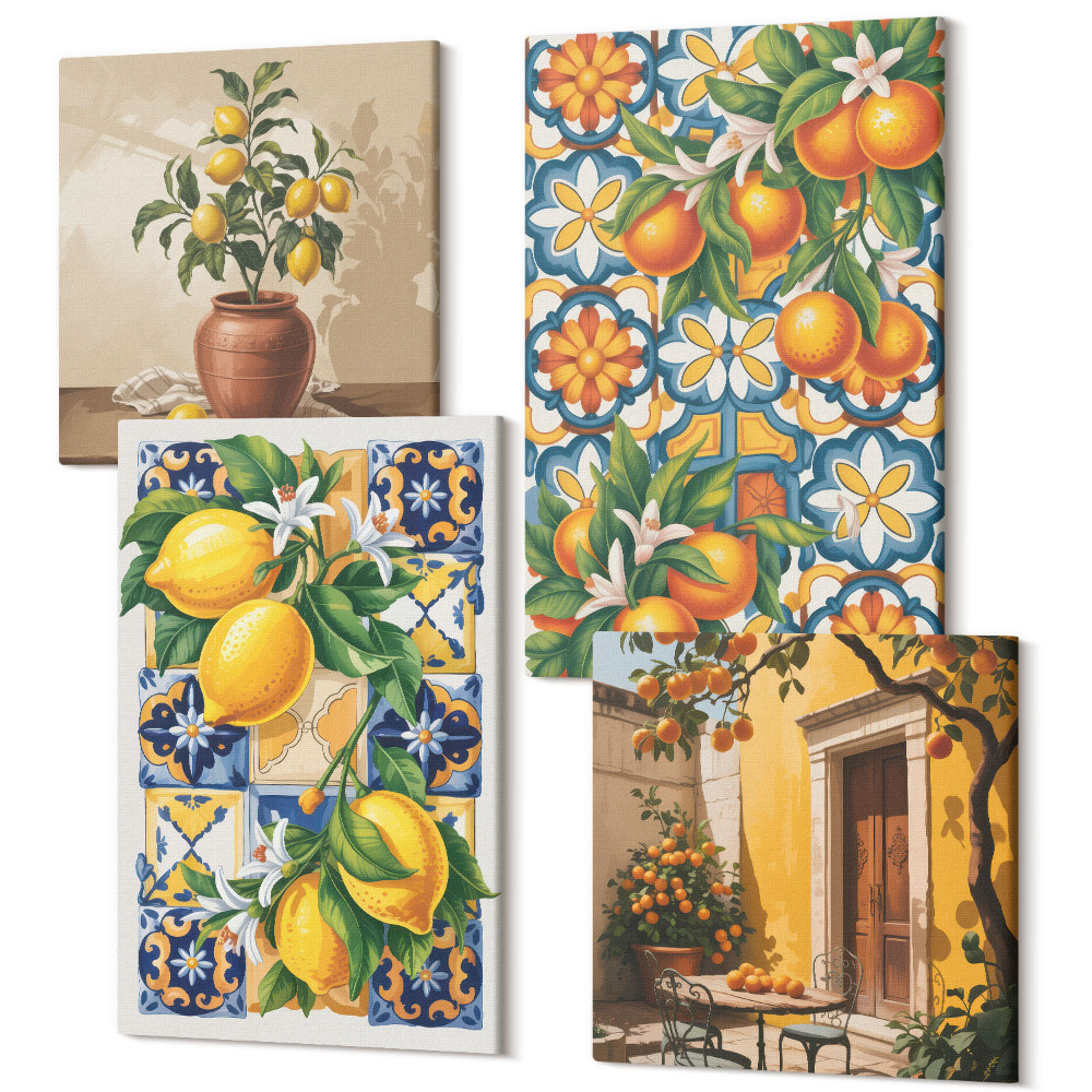 Sada obrazov na stenu kvadryptych Citrónové a pomarančové kvety vo farebných vzoroch