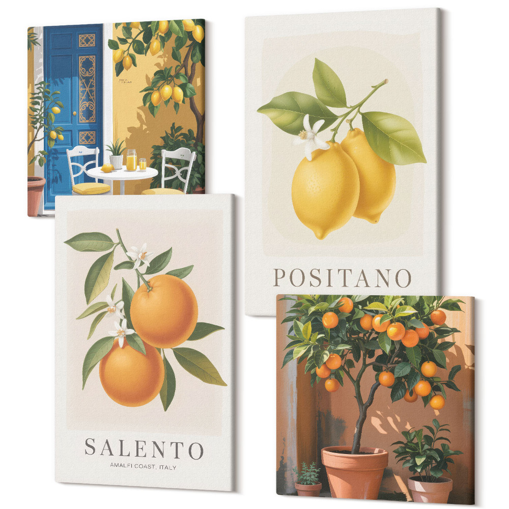 Sada 4 obrazov Citróny a pomaranče, mesto na talianskom pobreží Amalfi