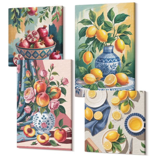 Sada 4 obrazov Maľované kvety a ovocie vo vázach
