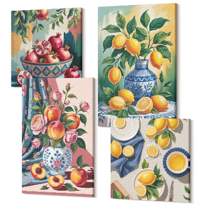 Sada 4 obrazov Maľované kvety a ovocie vo vázach