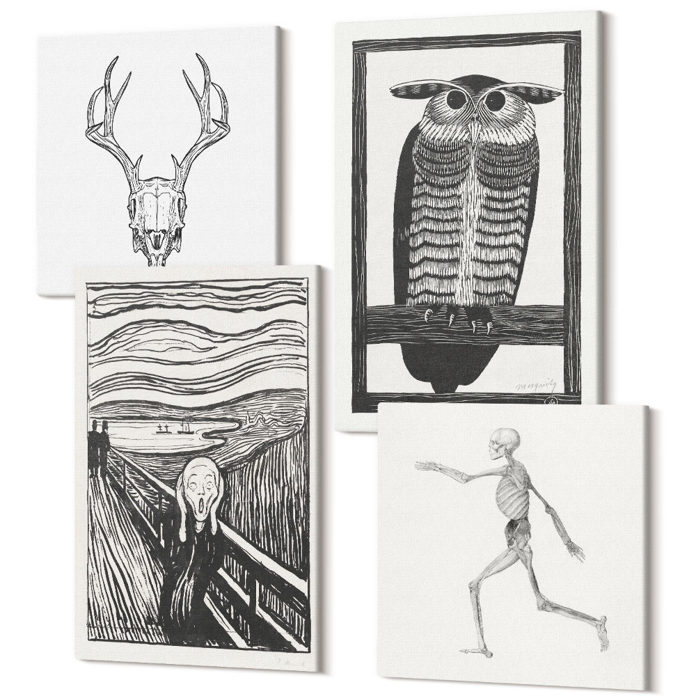Sada obrazov na stenu kvadryptych Inšpirované obrázkom Scream s lebkou a sovou v grafickom štýle