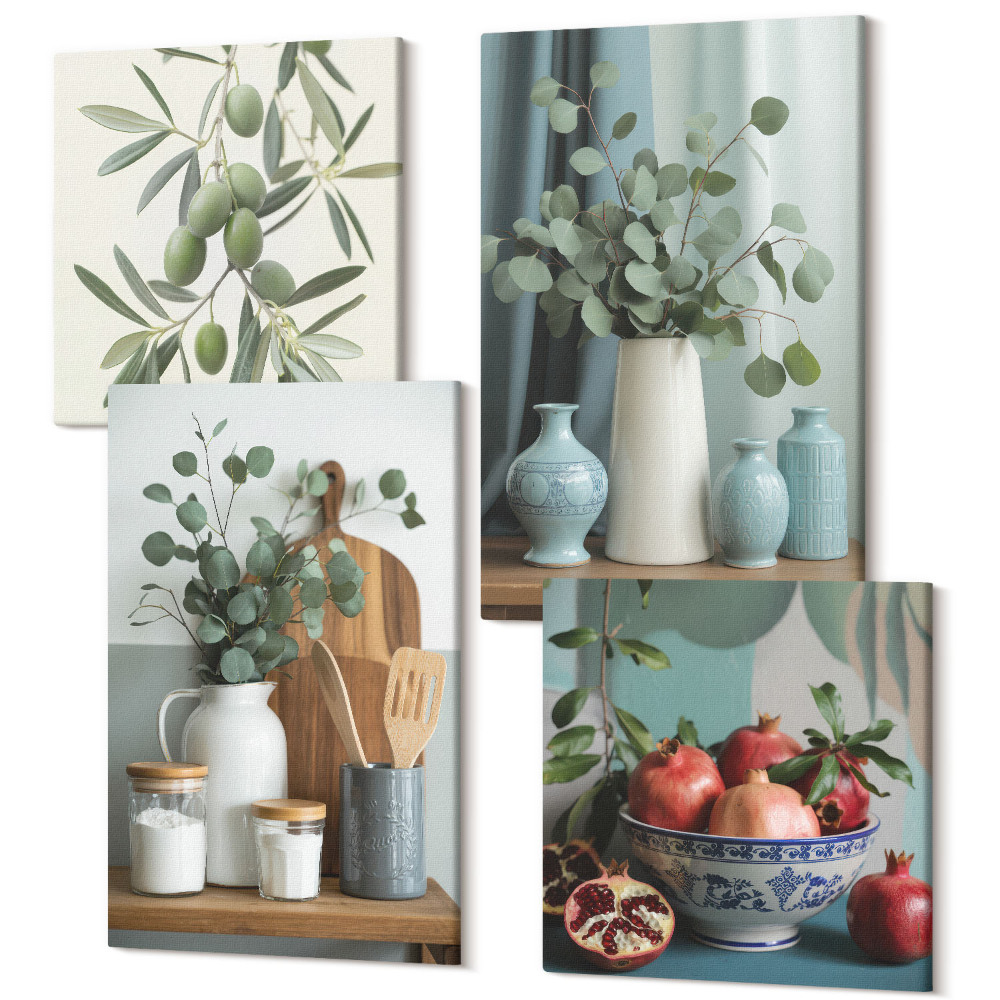 Sada 4 obrazov Estetické zelené olivy a vetvičky eukalyptu
