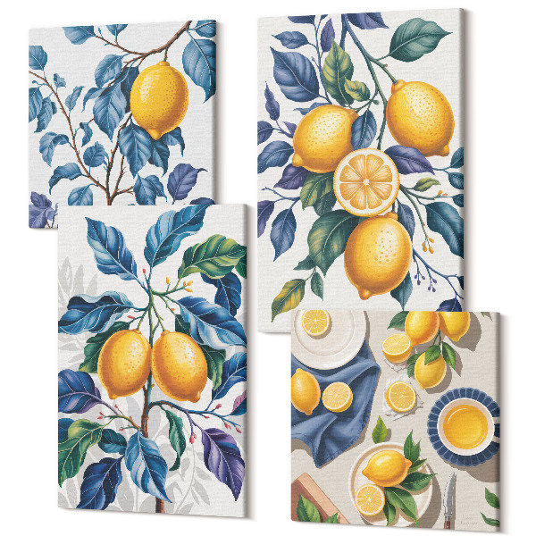 Sada obrazov kvadryptych Citróny na vetvách s modrými listami