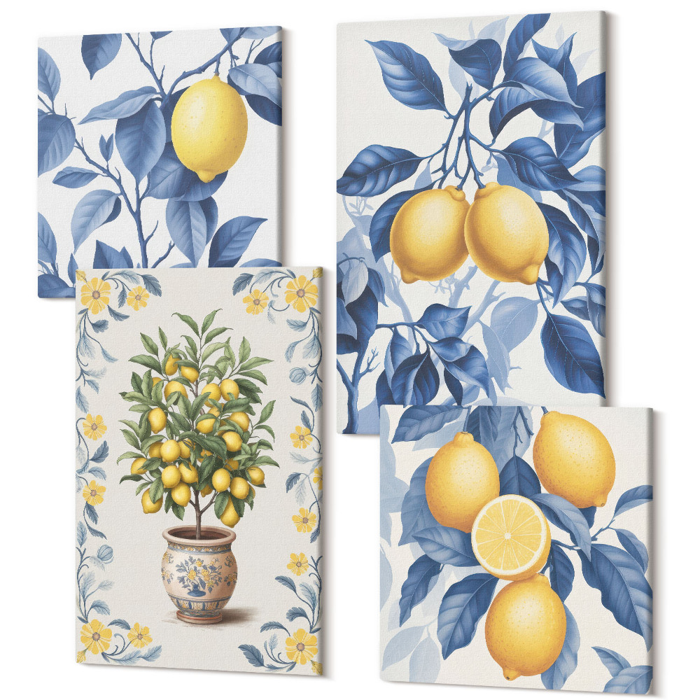 Sada obrazov na stenu kvadryptych Citróny na vetvách s modrými listami na strome