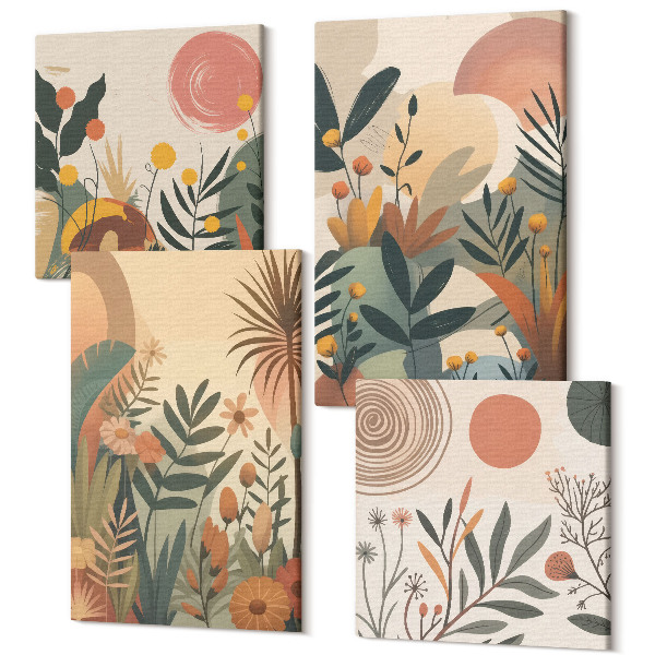 Sada 4 obrazov Rastlinné motívy v tlmených farbách s kruhmi