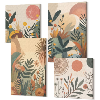 Sada 4 obrazov Rastlinné motívy v tlmených farbách s kruhmi