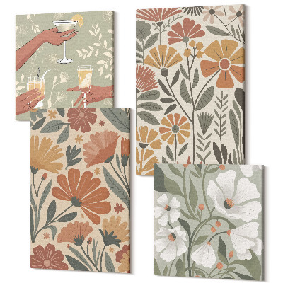 Sada 4 obrazov Kvetinové vzory v odtieňoch oranžovej a zelenej