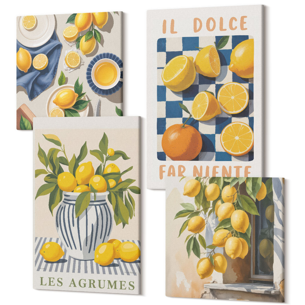 Sada obrazov na stenu kvadryptych Retro citrusové ovocie so žltými akcentmi