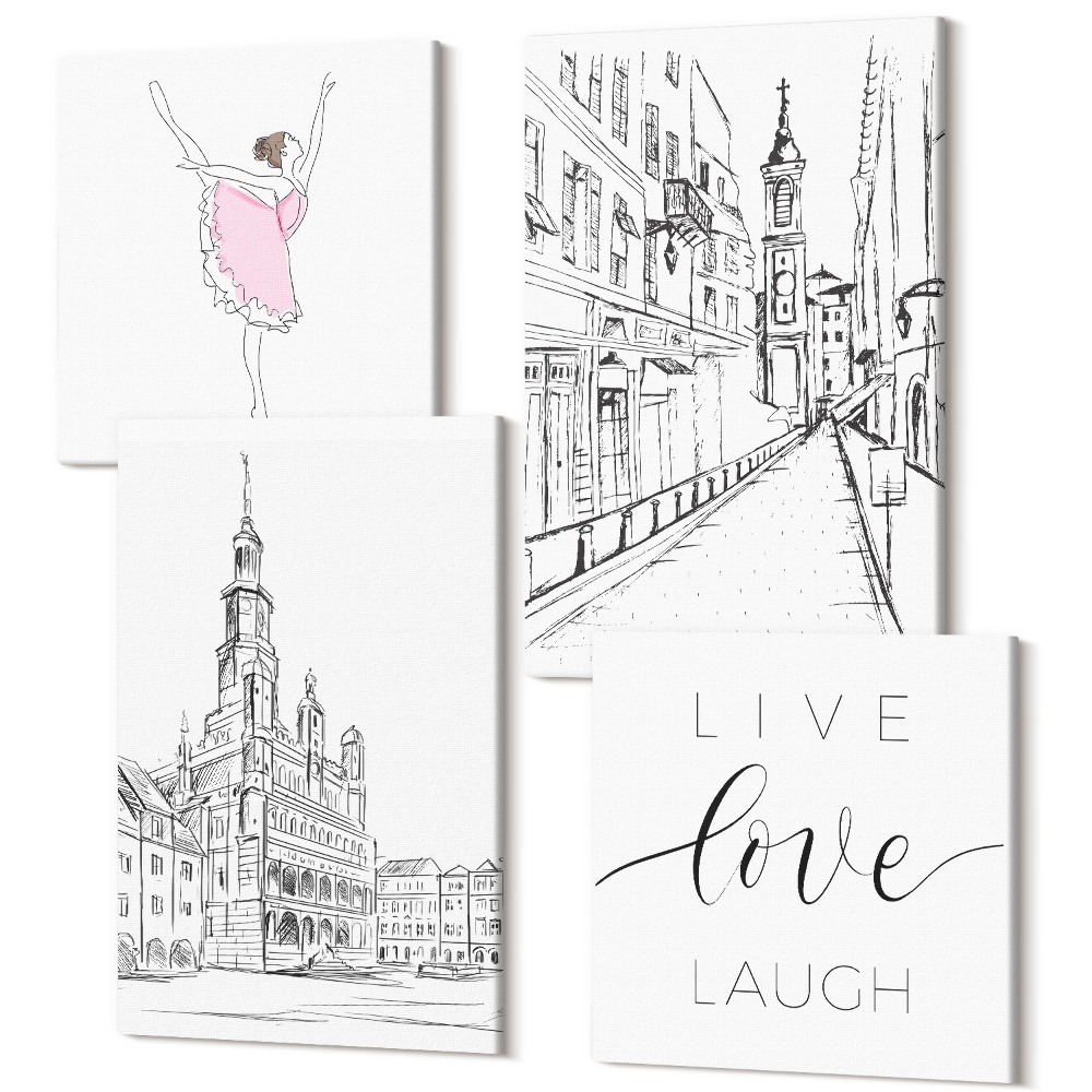Sada obrazov kvadryptych Štýlové obrazy s tancujúcou baletkou a láskou k architektúre