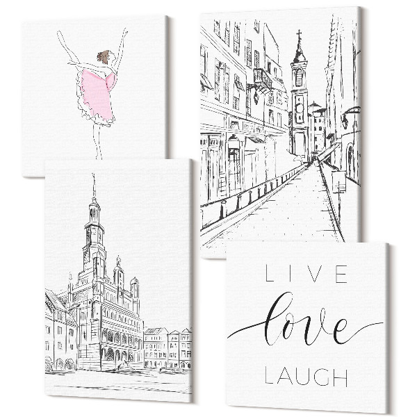 Sada obrazov kvadryptych Štýlové obrazy s tancujúcou baletkou a láskou k architektúre