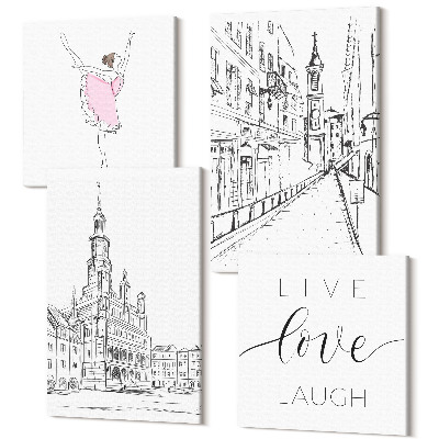 Sada obrazov kvadryptych Štýlové obrazy s tancujúcou baletkou a láskou k architektúre