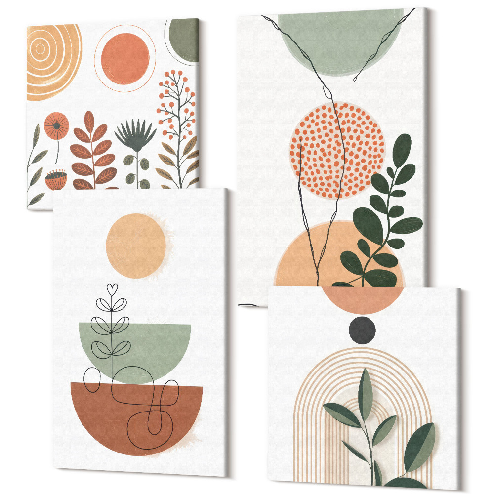 Sada obrazov na stenu kvadryptych Abstraktné tvary s farebnými rastlinnými motívmi