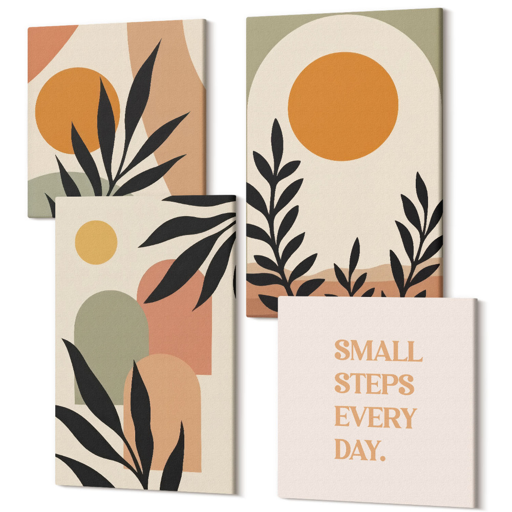 Sada obrazov kvadryptych Abstraktné tvary a rastlinné motívy v teplých farbách