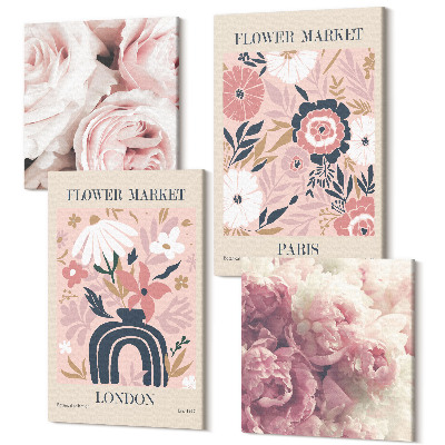 Sada obrazov na stenu kvadryptych Kvetinové motívy ruže pivónie Londýn Paríž