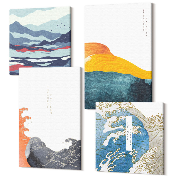 Sada obrazov kvadryptych Vlny a umenie v japonskom grafickom štýle