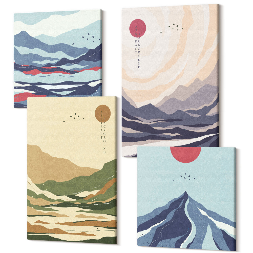 Sada 4 obrazov Hory v pastelových farbách v štýle japandi