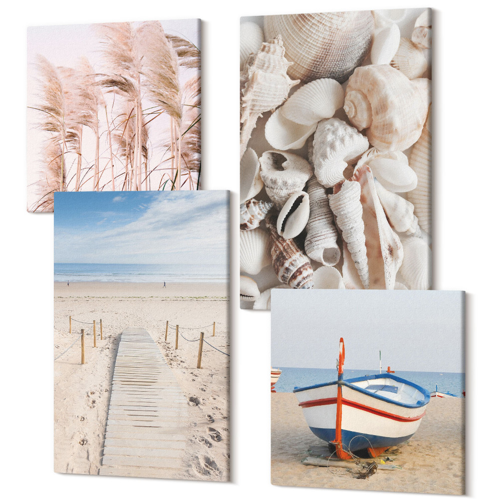 Sada obrazov na stenu kvadryptych Piesočnatá pláž čln mušle tráva boho