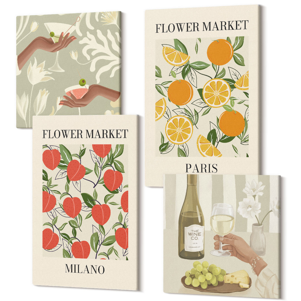 Sada obrazov na stenu kvadryptych Kvetinové plagáty a víno Milan Paris