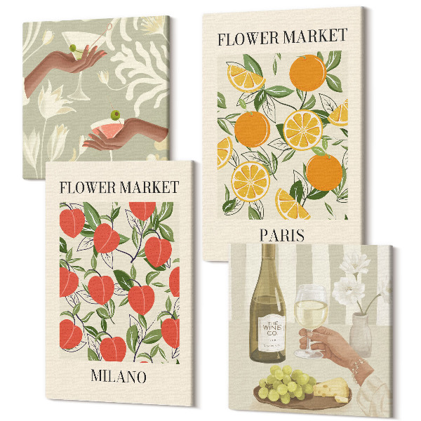 Sada obrazov na stenu kvadryptych Kvetinové plagáty a víno Milan Paris