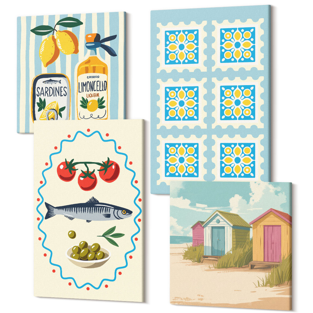 Sada 4 obrazov Ilustrácie kuchyne v stredomorskom štýle