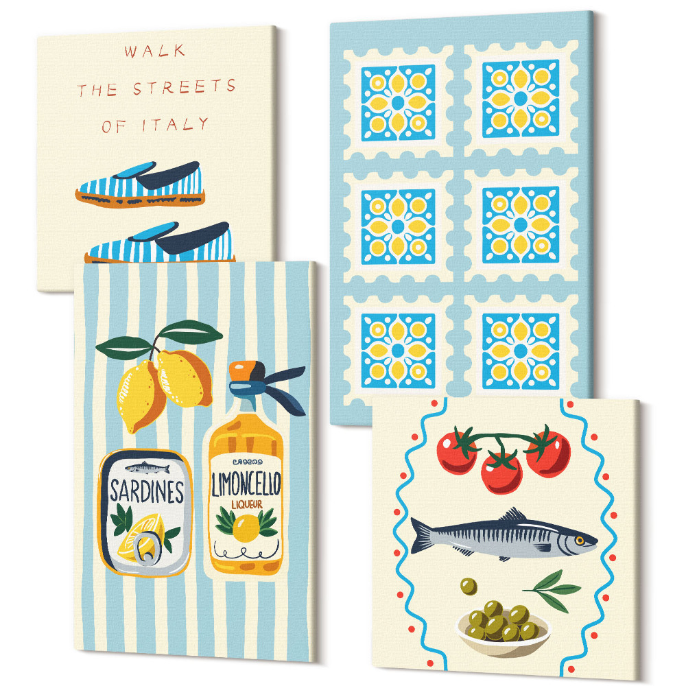 Sada obrazov na stenu kvadryptych Ovocné vzory a prvky talianskej kultúry