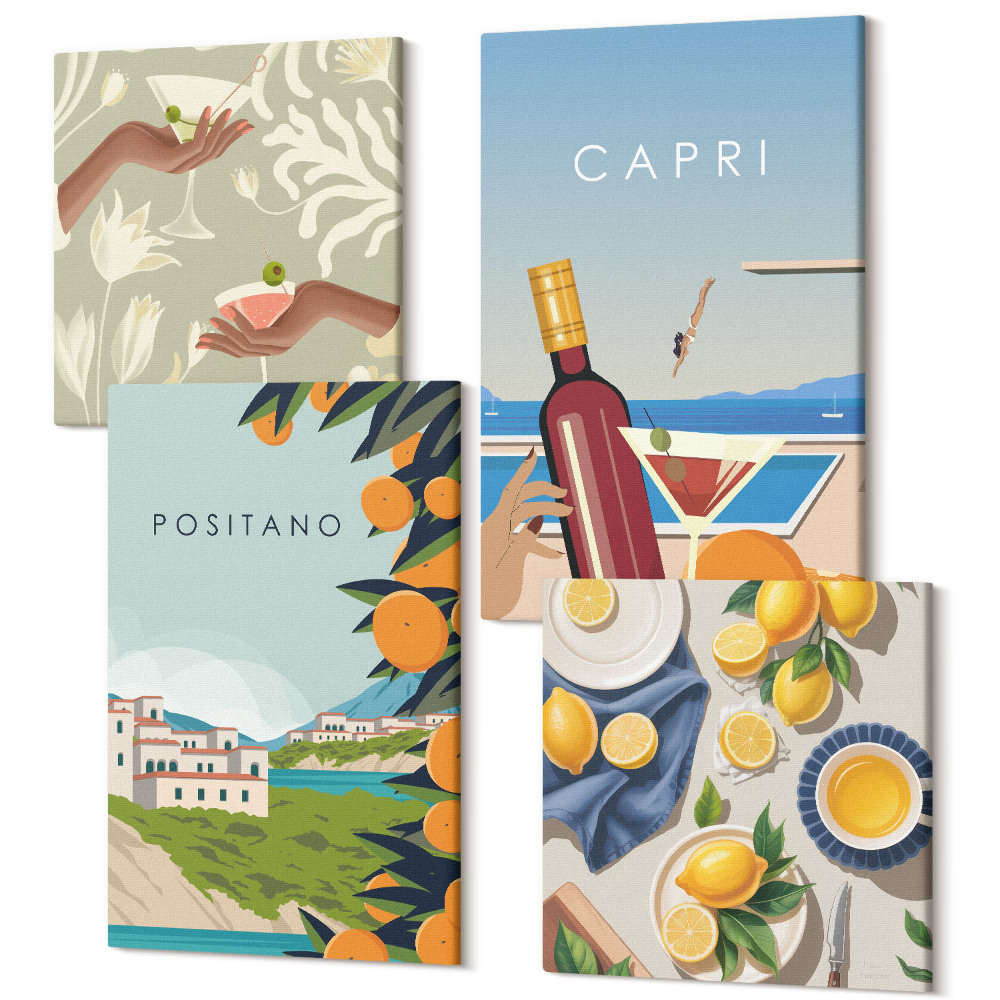 Sada 4 obrazov Dovolenkový výhľad na talianske citróny Positano a Capri