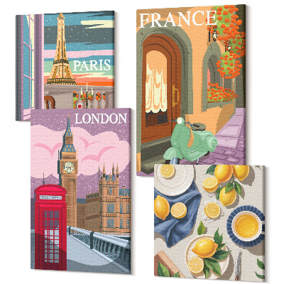 Sada obrazov na stenu kvadryptych Panoráma miest Paríža, Londýna a francúzskych citrónov