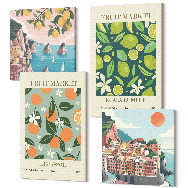 Sada 4 obrazov Ovocné vzory vintage plagáty