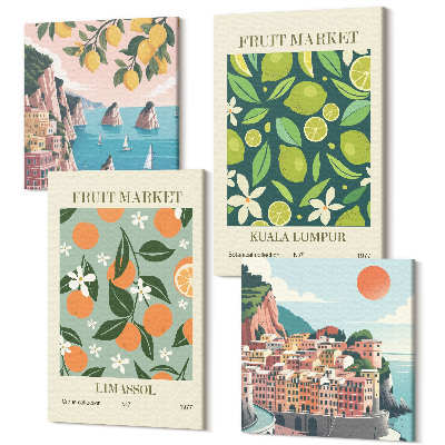 Sada 4 obrazov Ovocné vzory vintage plagáty