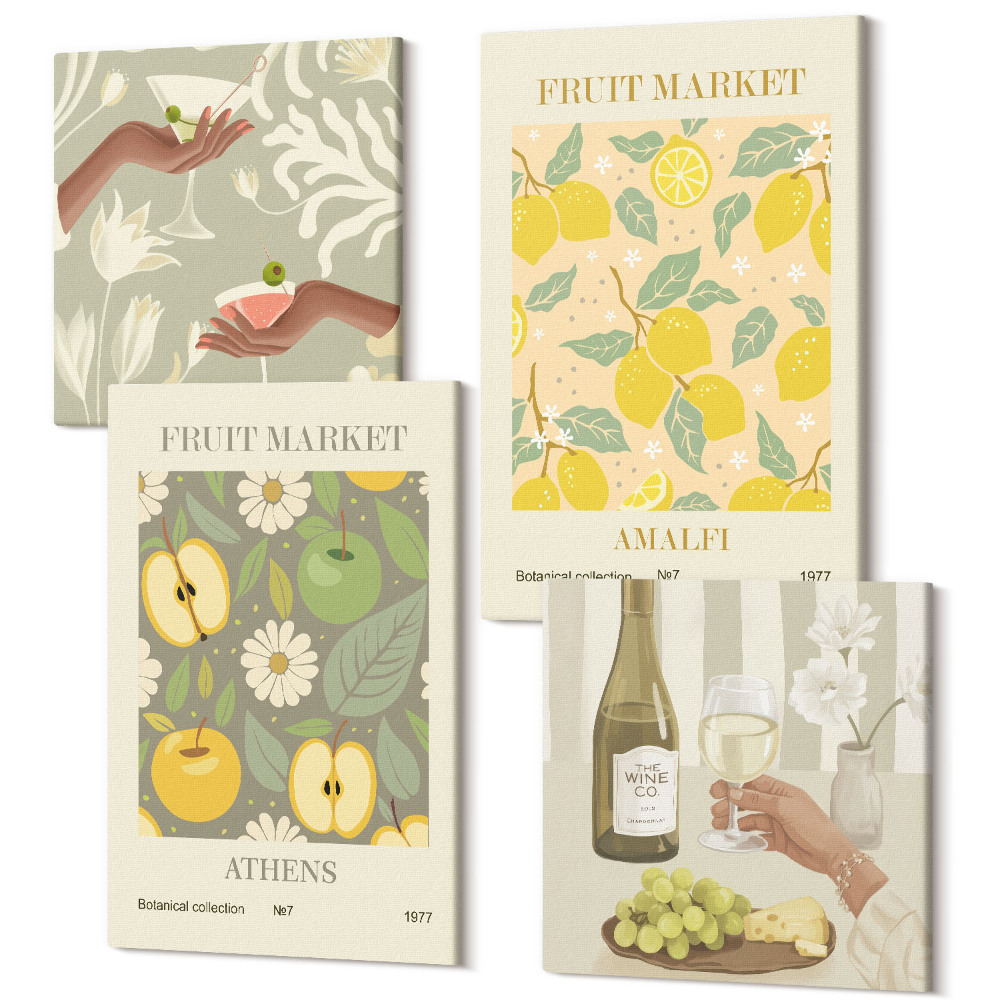 Sada obrazov kvadryptych Ovocné vzory plagáty talianske víno