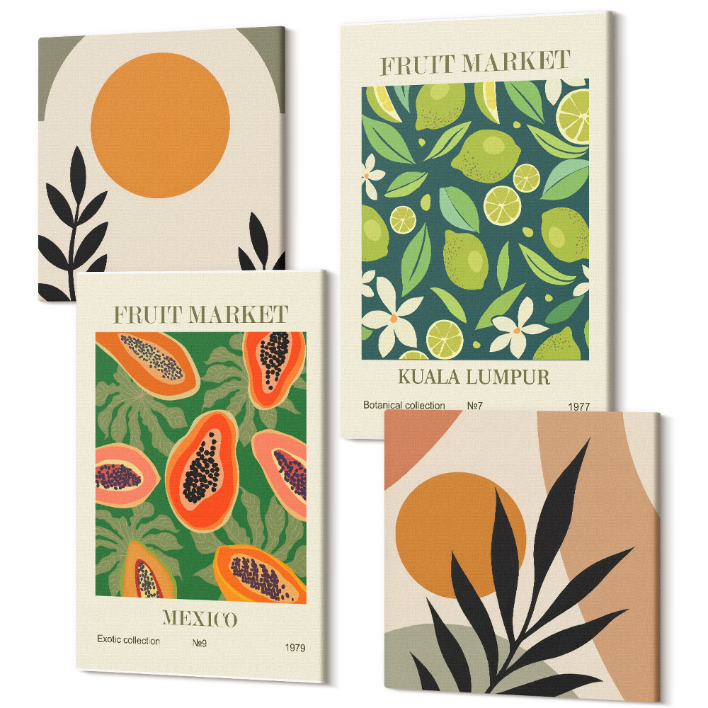 Sada 4 obrazov Boho ovocné vzory papaya limetka