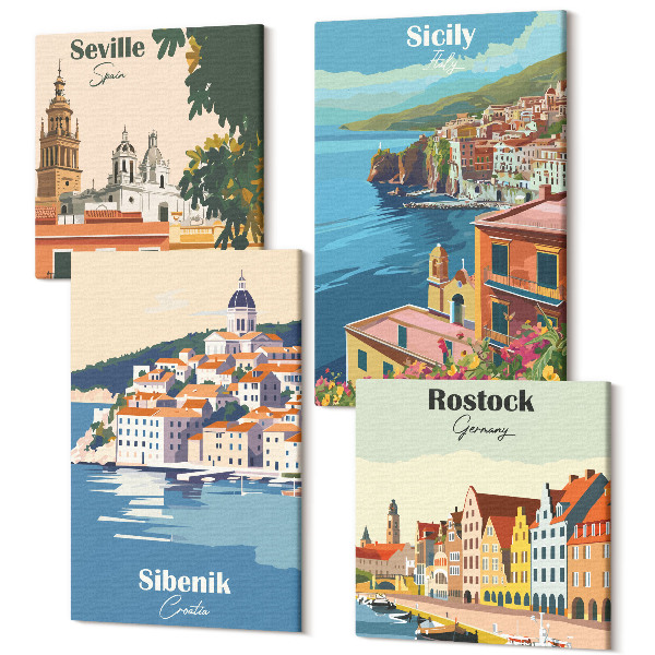 Sada 4 obrazov Krajiny európskych miest s farebnými budovami