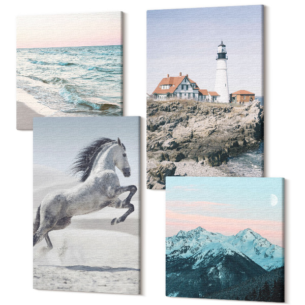 Sada obrazov kvadryptych Kone v pohybe pláž a maják hory