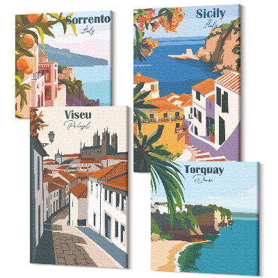 Sada 4 obrazov Retro ilustrácie slávnych miest po celom svete