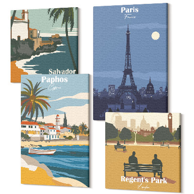 Sada 4 obrazov Pohľady na pobrežné mestá a ich architektúru