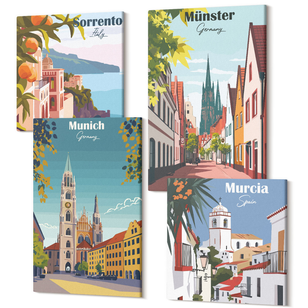 Sada obrazov na stenu kvadryptych Európske mestá vo farebných ilustráciách